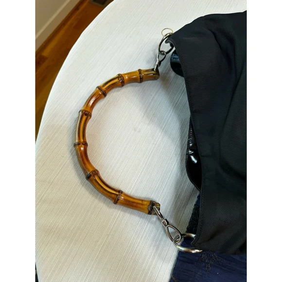 Gucci Black Nylon & Patent Leather Shoulder Bag w/ Bamboo Handle - Picture 14 of 16